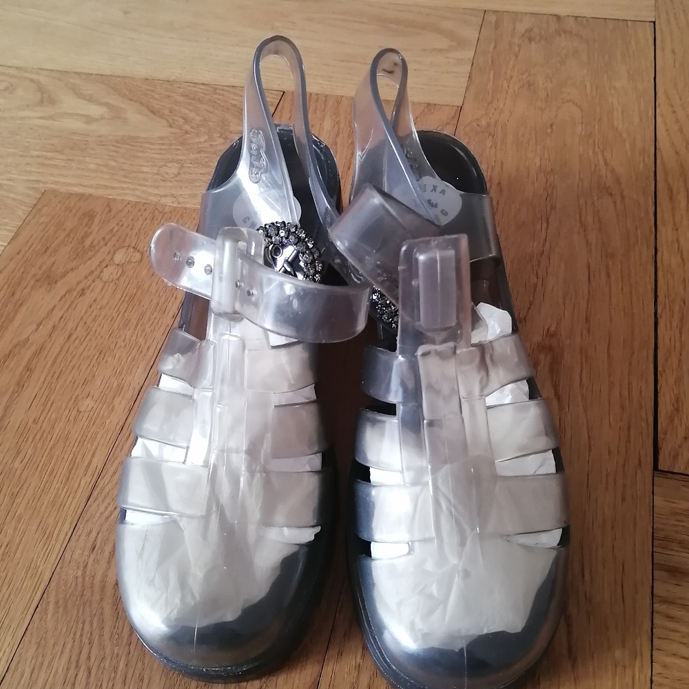 Clear Silver Jelly Slingback Sandals with Decorative Accent